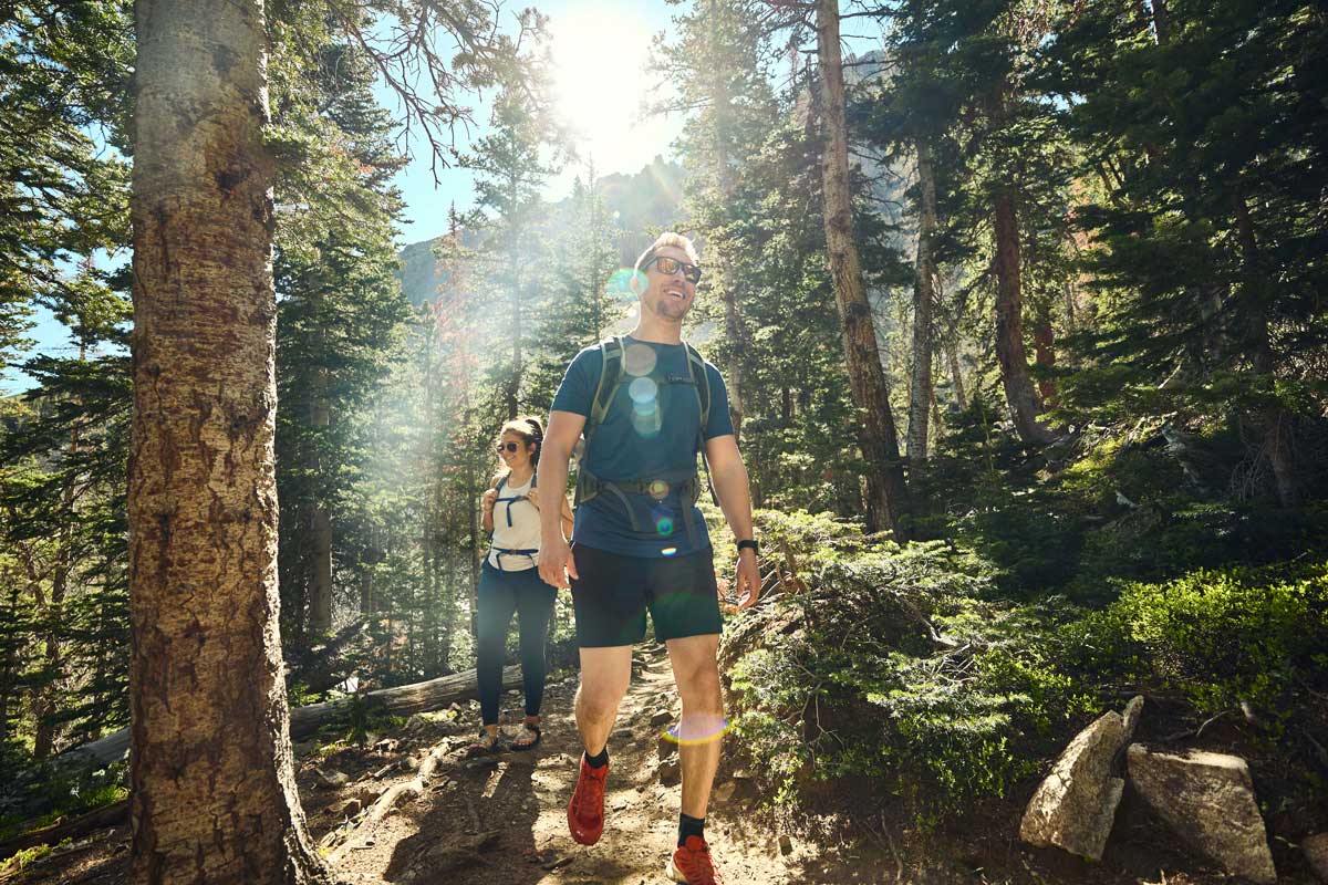 Two hikers on a trail, surrounded by trees, hike along in the sunlight