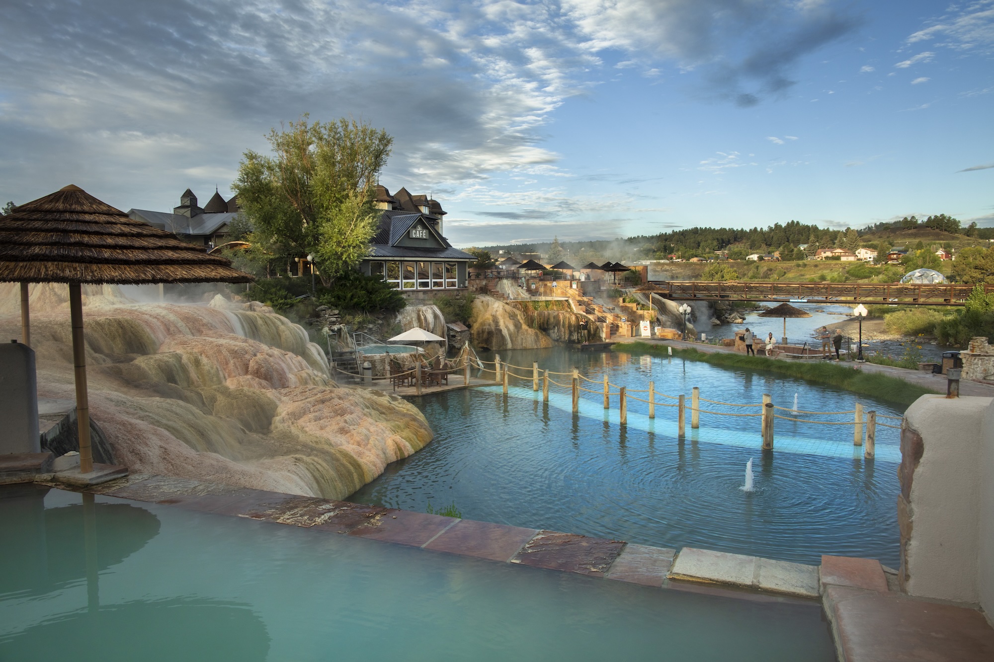 Mineral hot spring pools and walkways in Pagosa Springs, Colorado.