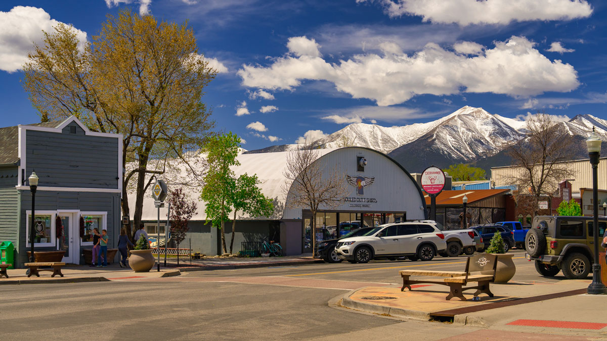 An image of downtown Buena Vista with snow-capped peaks in the background.