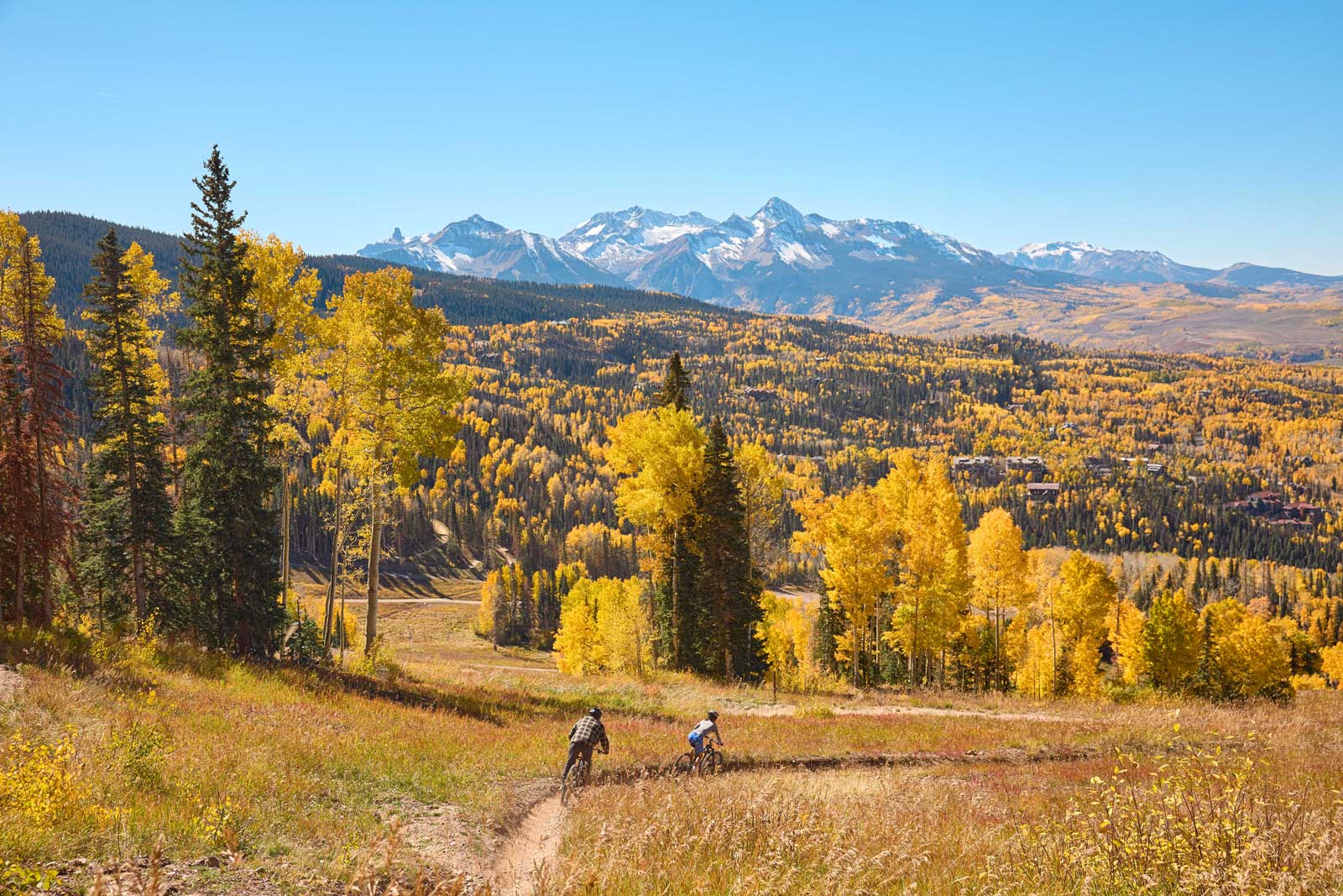 Snow-capped peaks in front of colorful fall foliage in Colorado